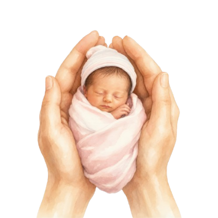 A newborn swaddled in pink, cradled in caring hands